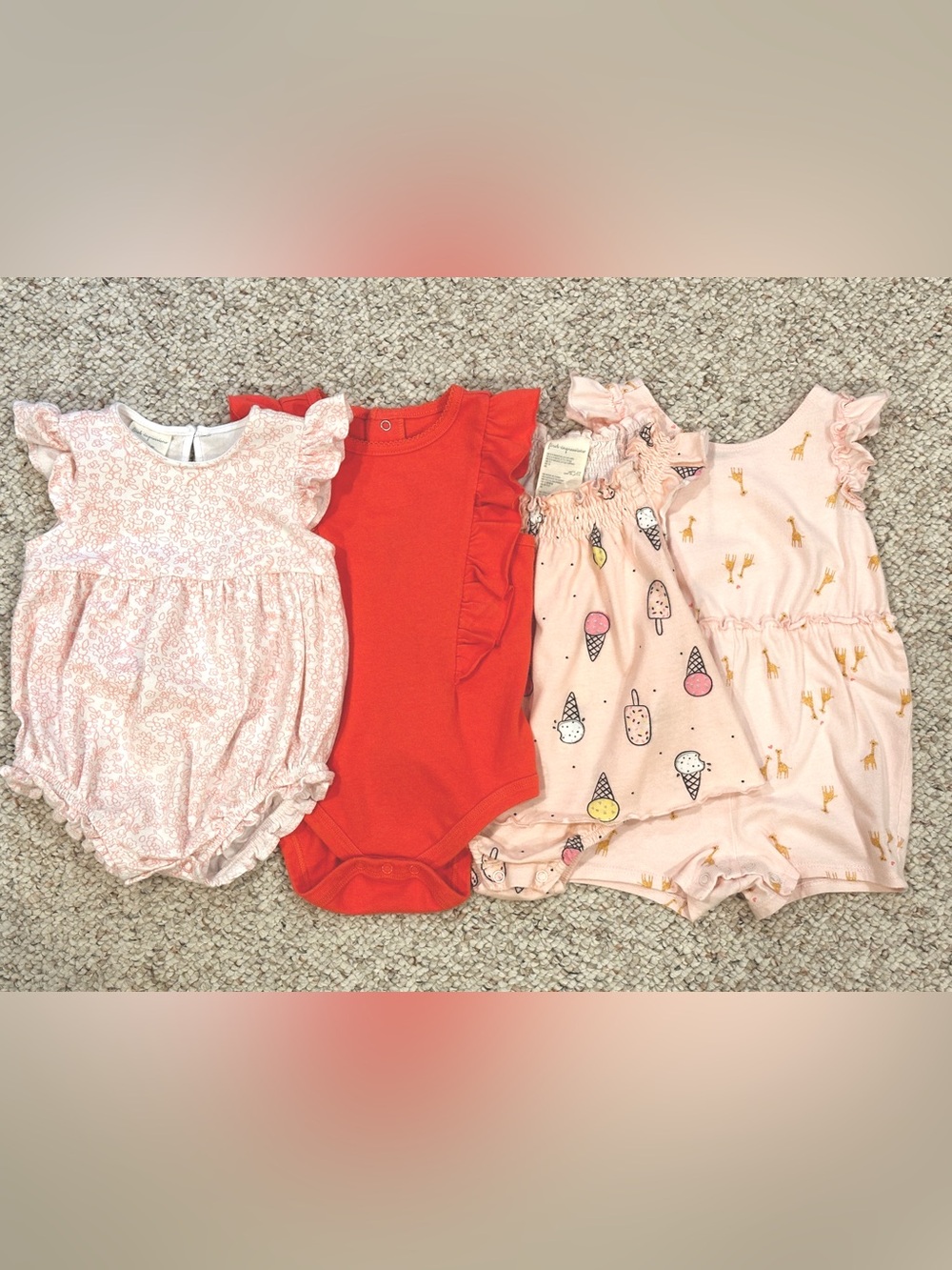 Bundle of 4 One-Piece Rompers/Onesie. Girls 6-9 M. First Impressions /Cat & Jack